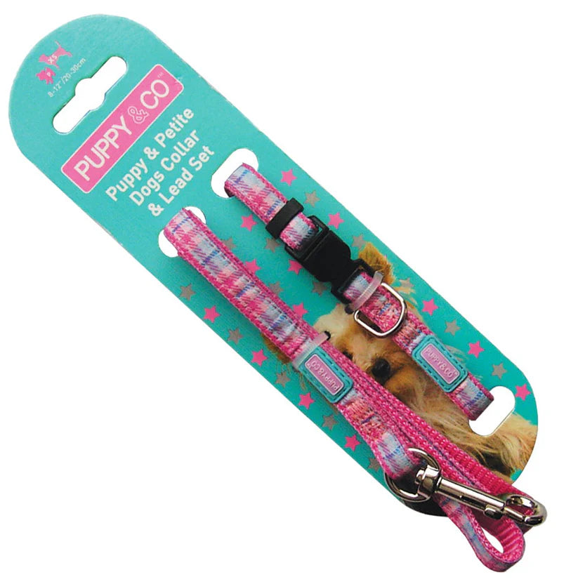 Pup&Co Nylon Puppy Set Tartan Pink 10mm X20-30cm