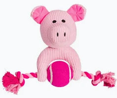 House of Paws Pink Cord Pig Dog Toy with Tennis Ball and Rope