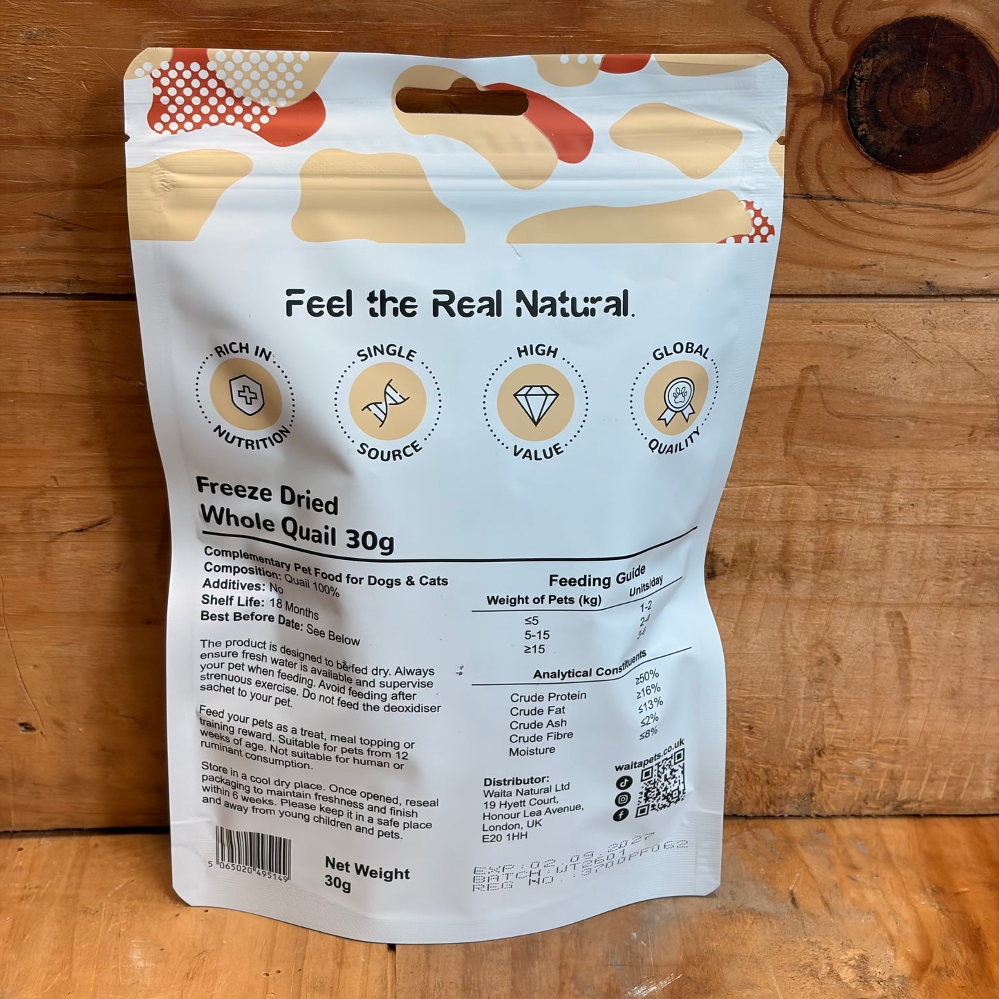 Waita Freeze Dried Quail Whole Pieces Dog & Cat Over 12 Weeks Small Pack 30g